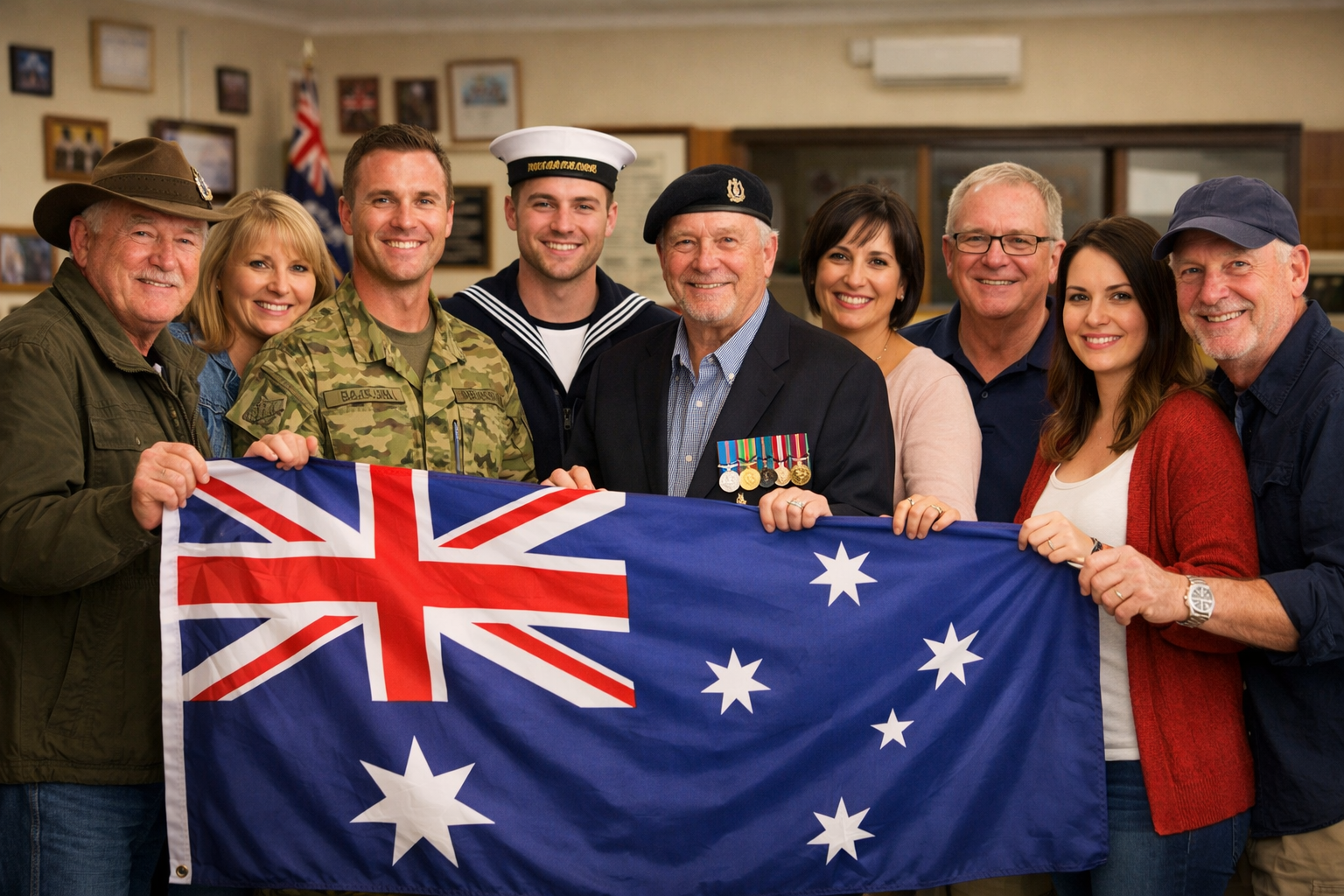 Veterans, ADF members, partners and supporters holding the Australian flag